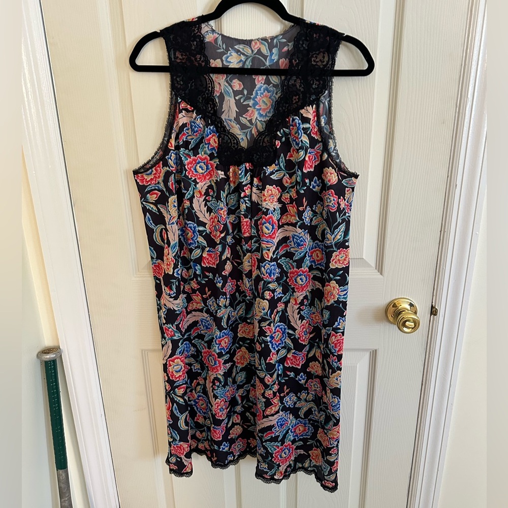 Vintage Vanity Fair Black Nightgown with Red and Blue Floral Pattern
